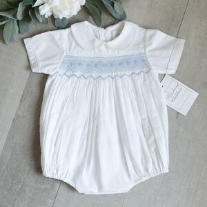 Strasburg White Smocked Romper Boys Heirloom 100% Cotton Size 3/6 Month RARE NWT